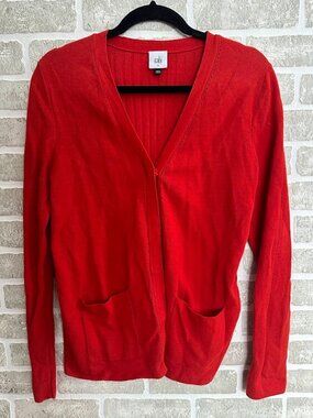 Cabi Red Ribbed Cardigan Women Medium Button Front Cotton Sweater